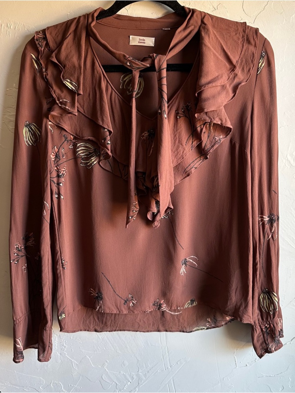 Little Moon Brown Floral Ruffle Blouse Earthy Coquette Cottagecore Prairie XS?